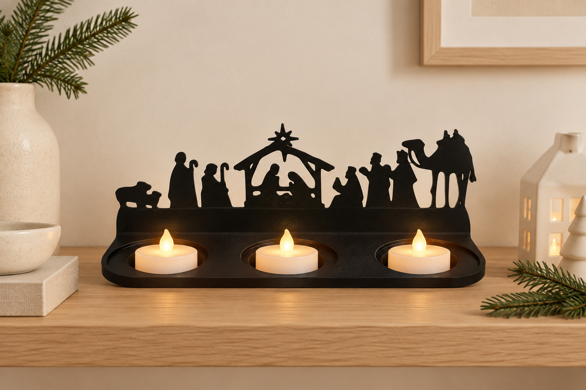 Nativity scene tealight holder on a light oak shelf with minimal seasonal decor.