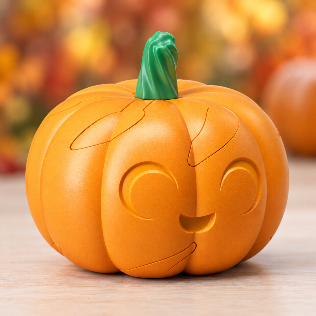 Close-up of the orange pumpkin puzzle with its green stem and smiling face