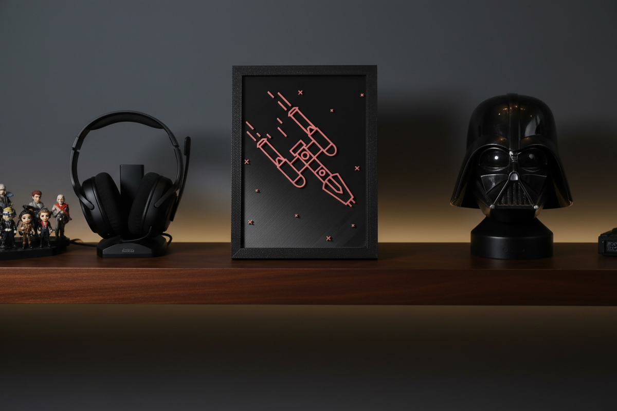 Y-Wing Neon Line Art shadow box on a dark wooden shelf in a moody gaming room with rose pink finish and star markers