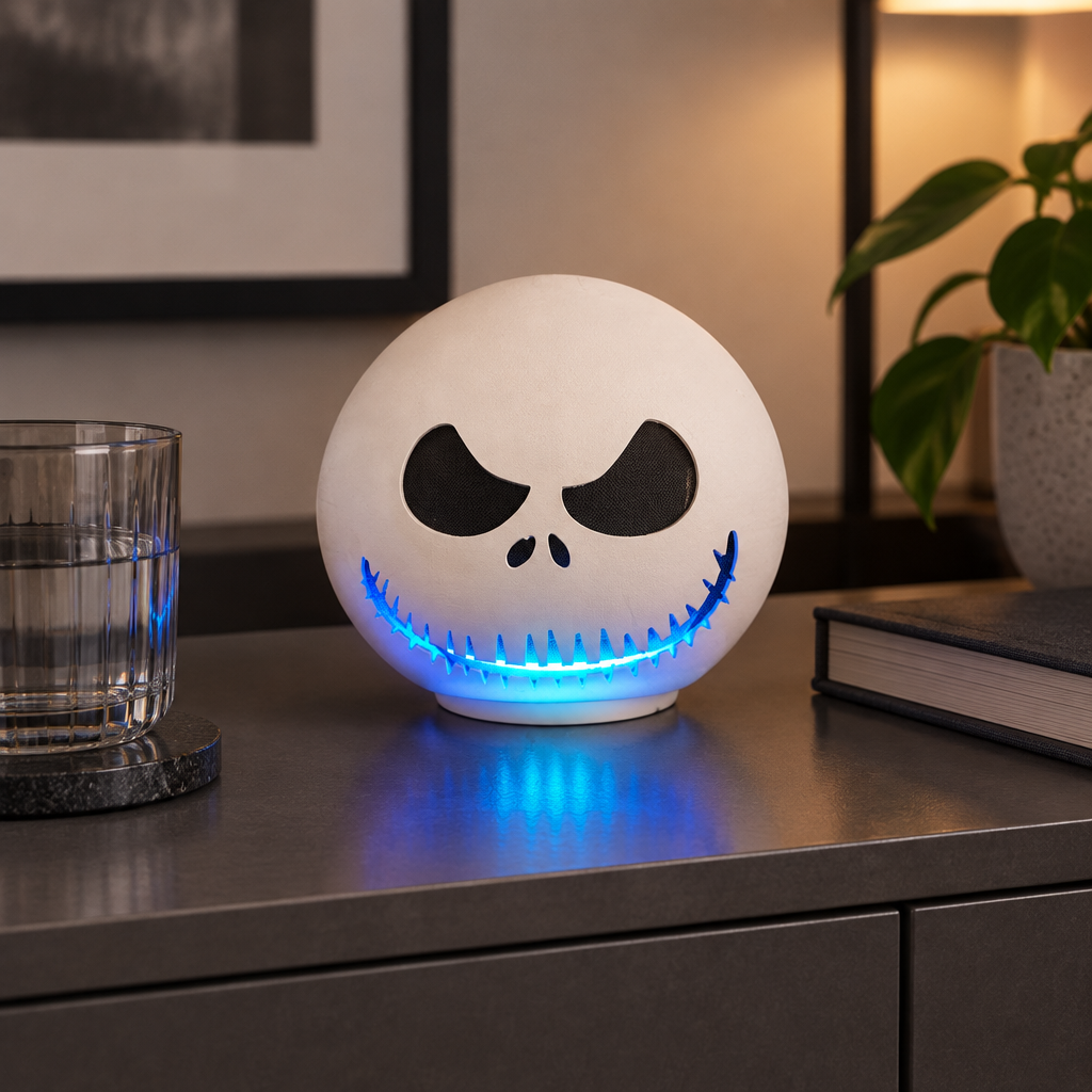 Jack Skellington shell glowing blue on a sideboard with a glass and a book