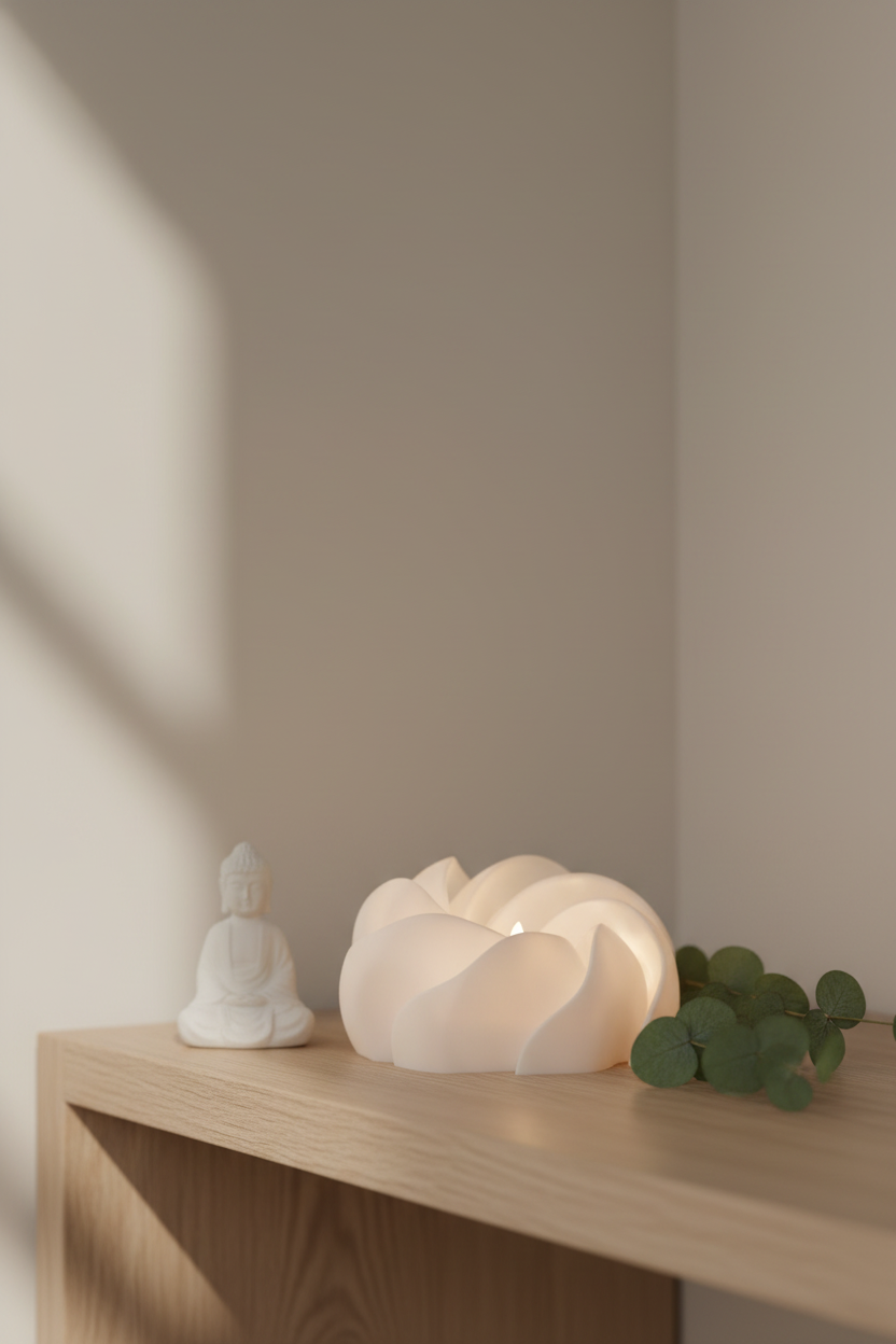 Cloud Twist Lamp soft warm white smooth twisted ribbon petal bloom LED tealight warm glow pale oak meditation corner shelf ceramic figurine eucalyptus soft morning light minimal interior portrait