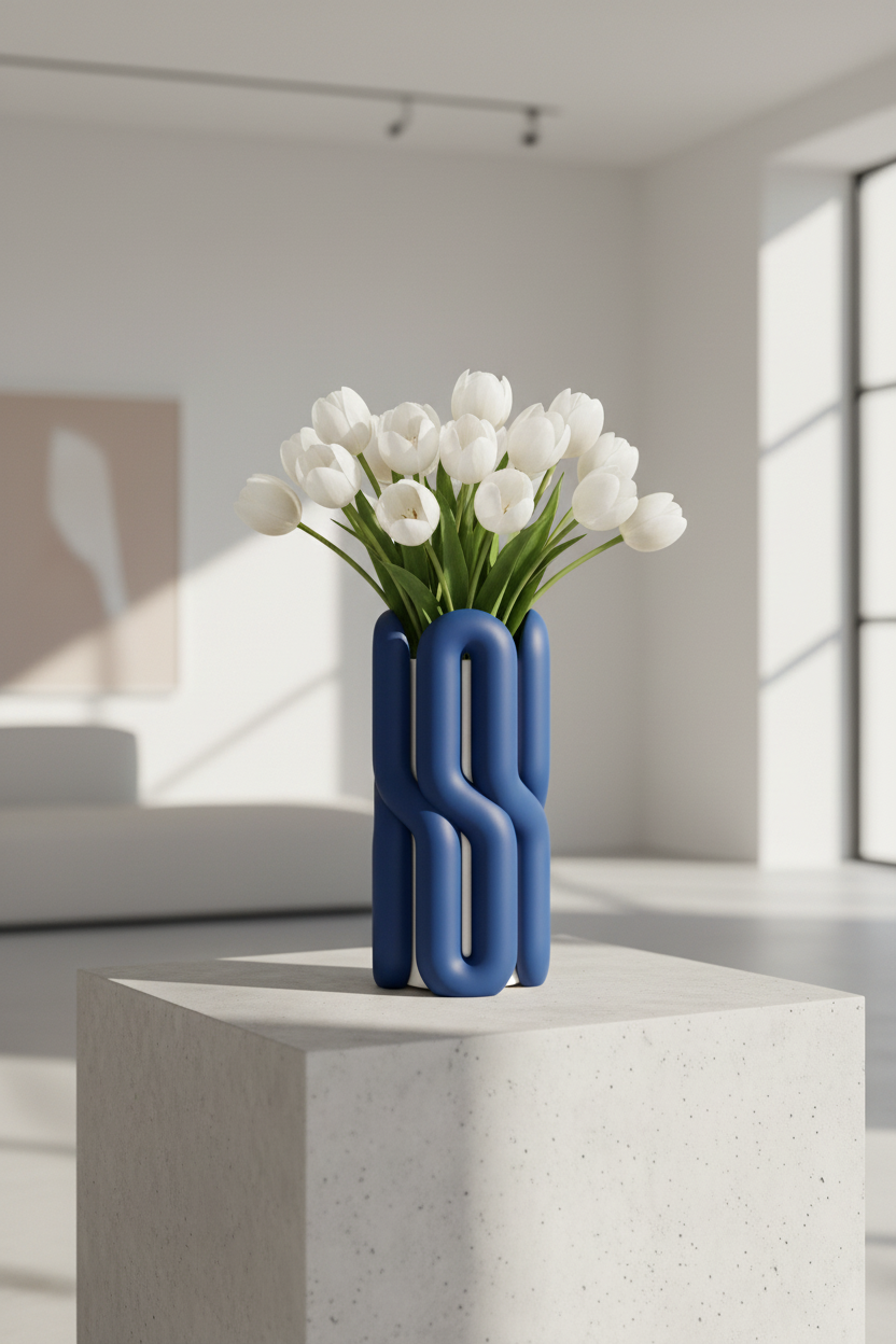 Cobalt blue and white wibble vase with white tulips gallery living room - lifestyle