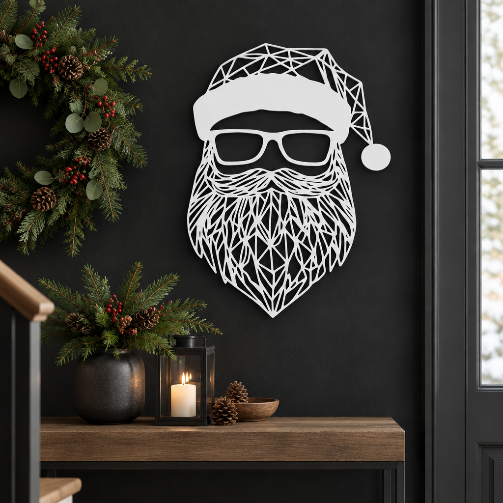 White openwork Santa sign displayed on a dark hallway wall with Christmas greenery
