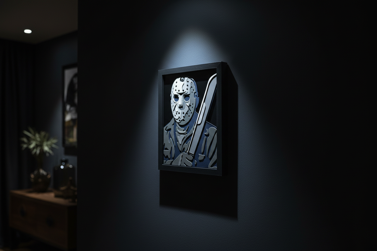 Jason Voorhees Shadow Box hung on a dark charcoal feature wall with dramatic cold blue spotlight