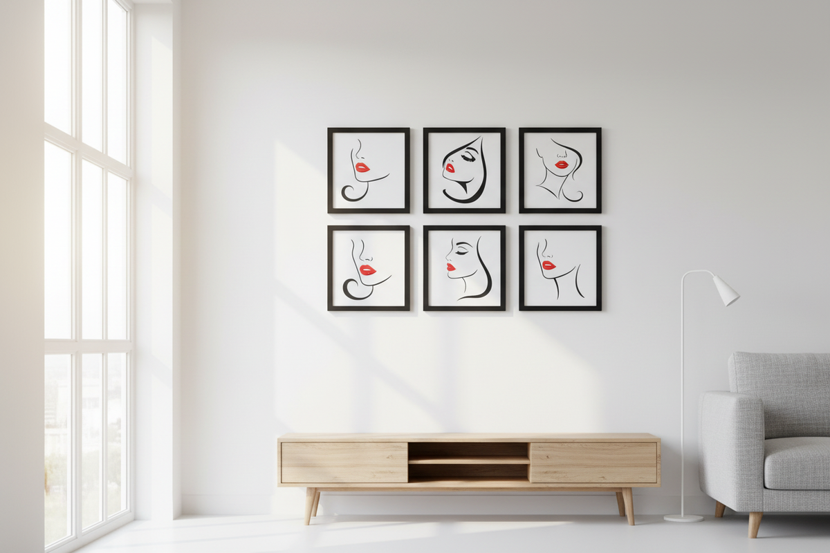 Collection of six Woman's Face Shadow Boxes displayed as a gallery wall in a bright Scandinavian living room