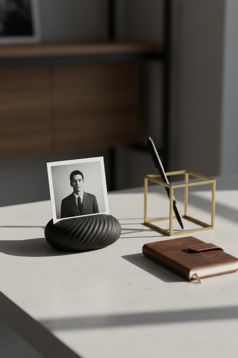 Single Swirl Base Photo Holder deep matte black pebble swirl twist texture holding square black and white portrait photograph pale concrete desk leather notebook geometric brass pen holder moody minimal editorial portrait