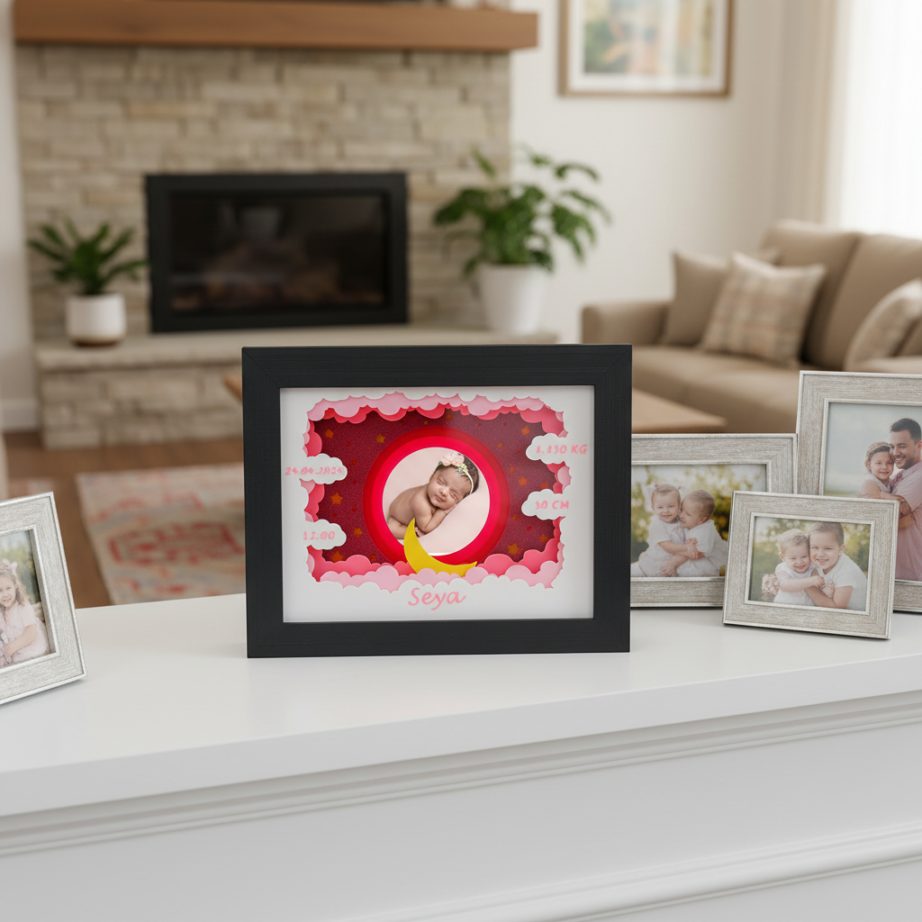 Baby Photo Frame Shadow Box displayed on a white mantelpiece in a family living room with other family photos