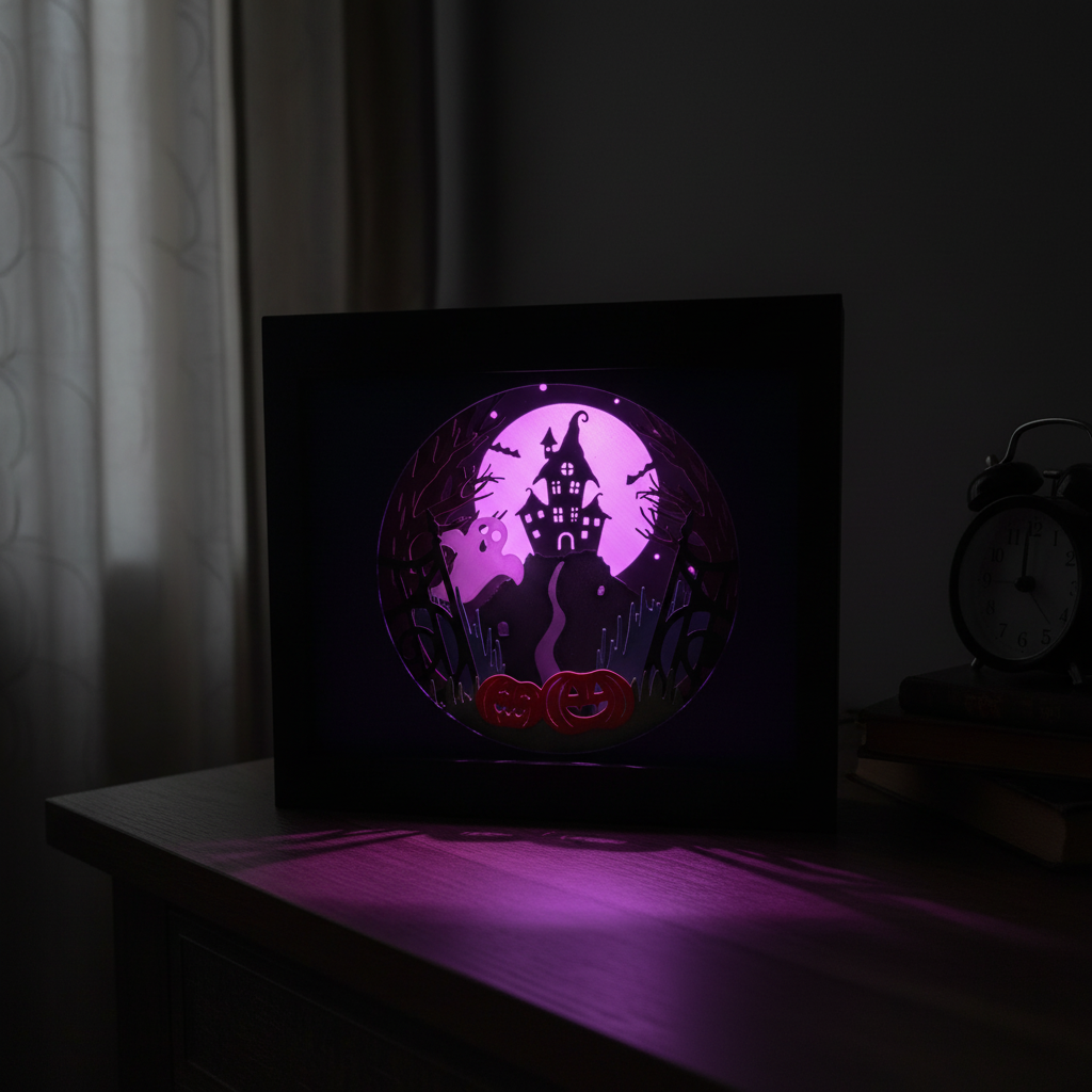 Halloween Haunted Mansion Shadow Box glowing purple as a spooky night light on a bedside table in a dark bedroom