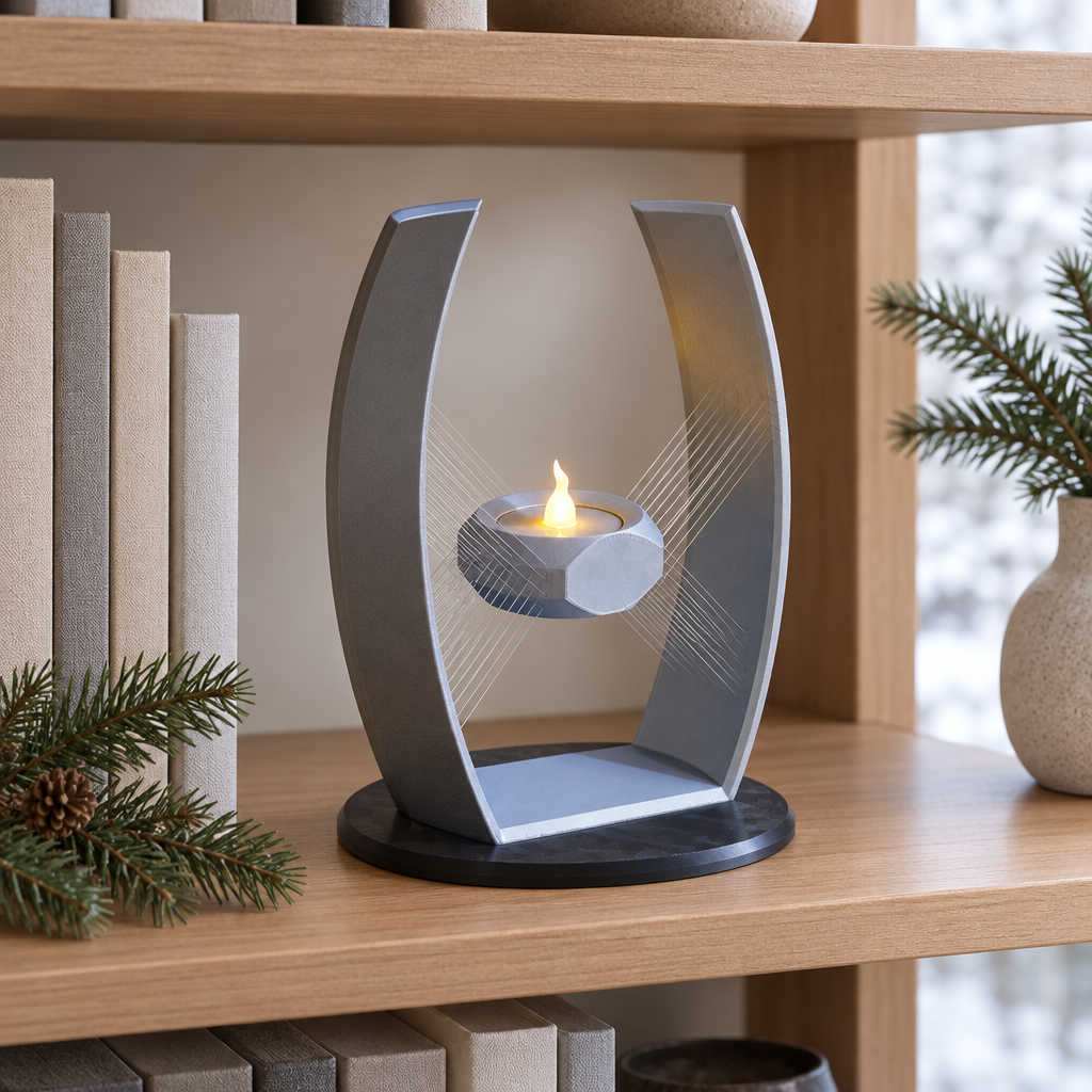 Suspended tealight holder displayed on a bookshelf