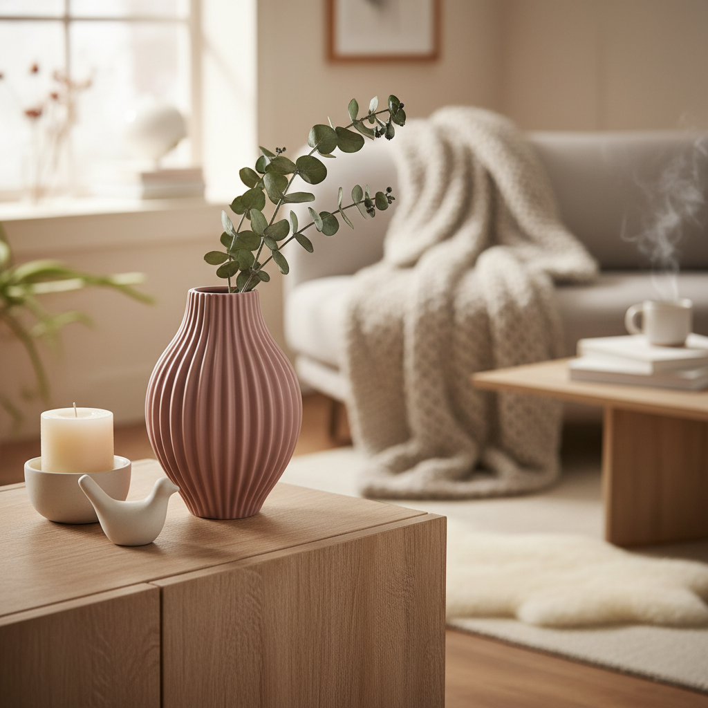 Dusty pink Versa slatted vase on wooden sideboard with dried eucalyptus and candle beside it