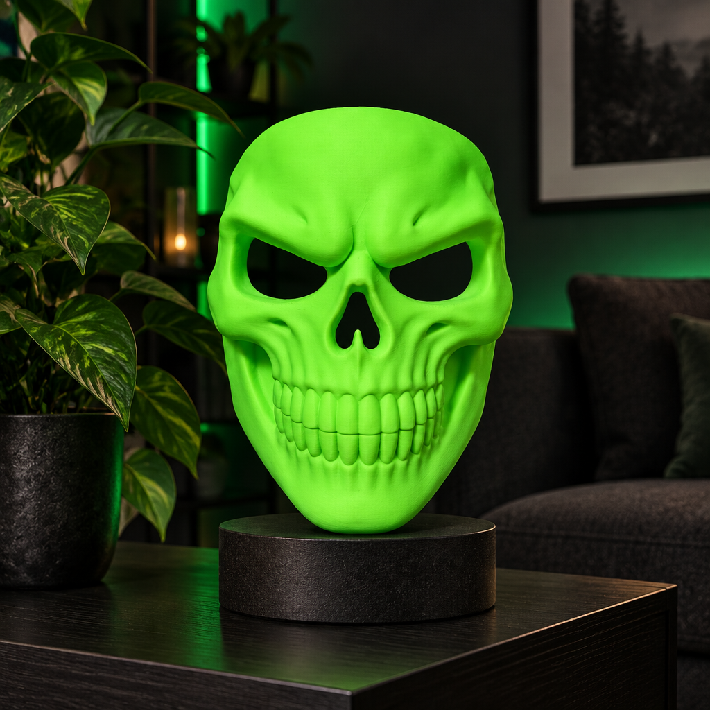 Neon Green Grinning Skull Mask on a pedestal in a contemporary living space.