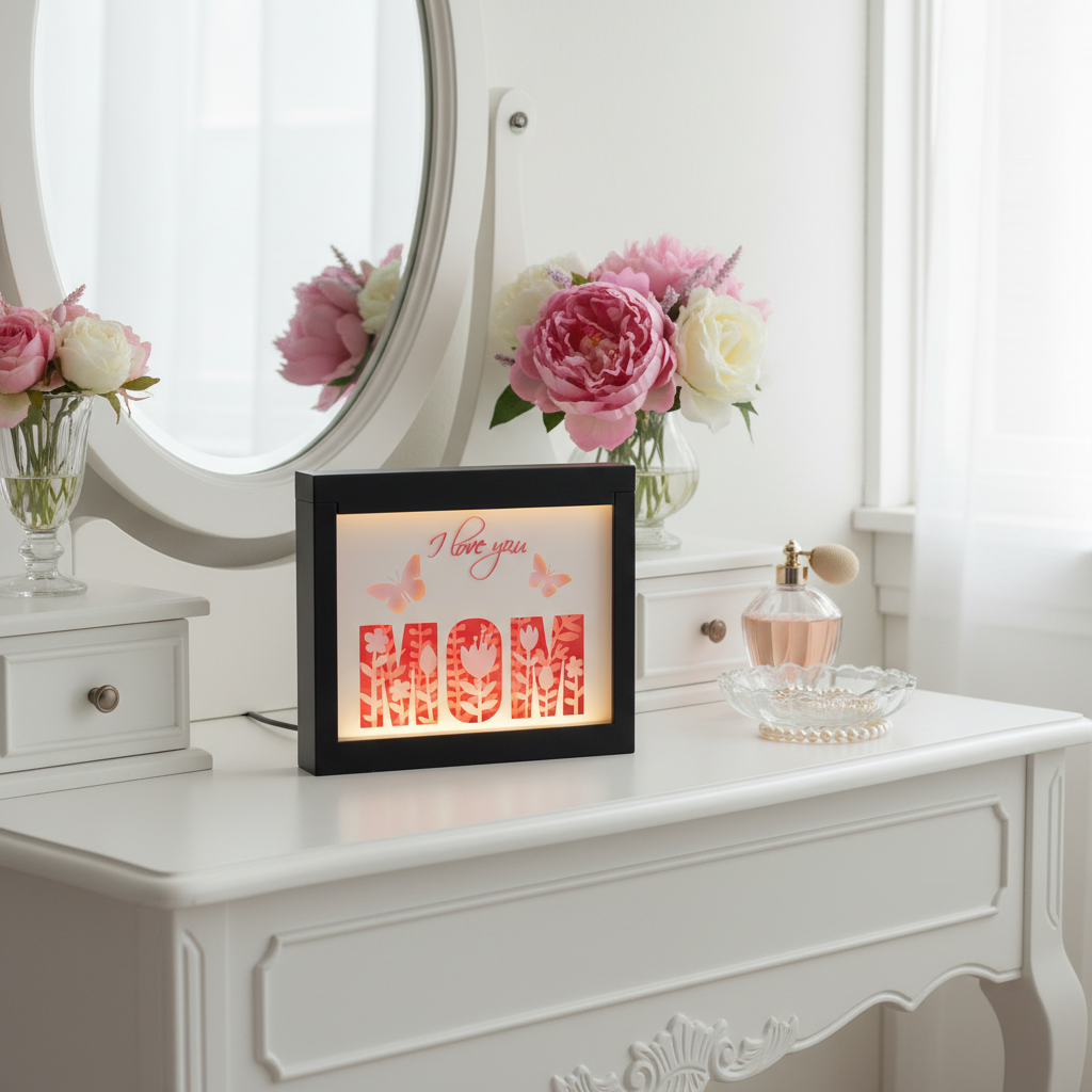 Mother's Day Shadow Box displayed on a white bedroom dressing table with flowers and perfume bottles