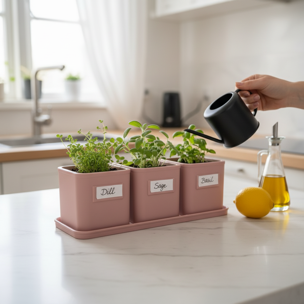 Dusty pink herb pot set with fresh herbs on a white marble kitchen counter