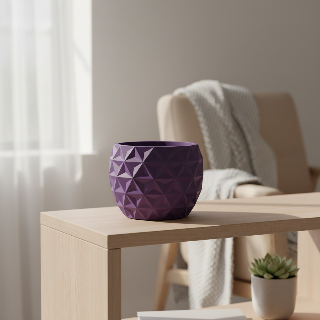 GeoBloom Geometric Planter in purple — minimalist Scandinavian shelf lifestyle