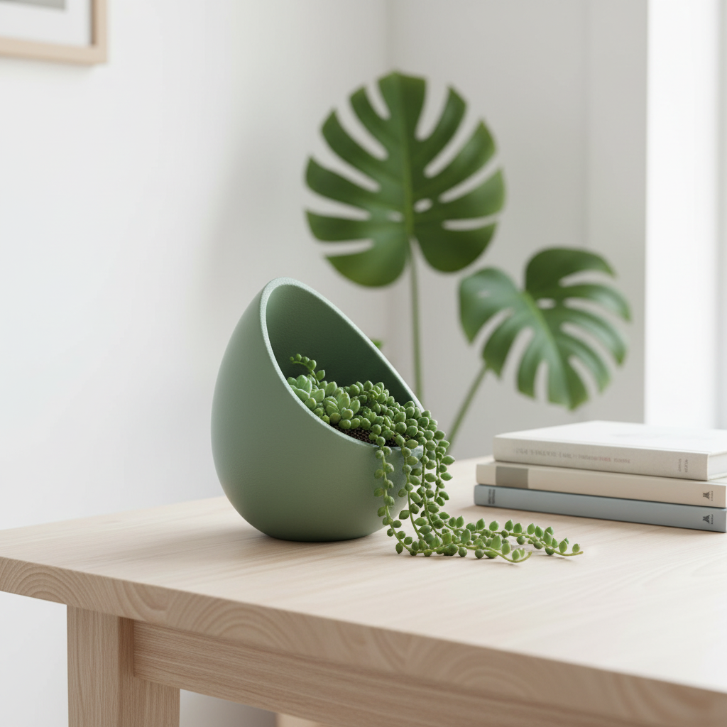 Nest Succulent Planter in sage green — desk with succulent lifestyle