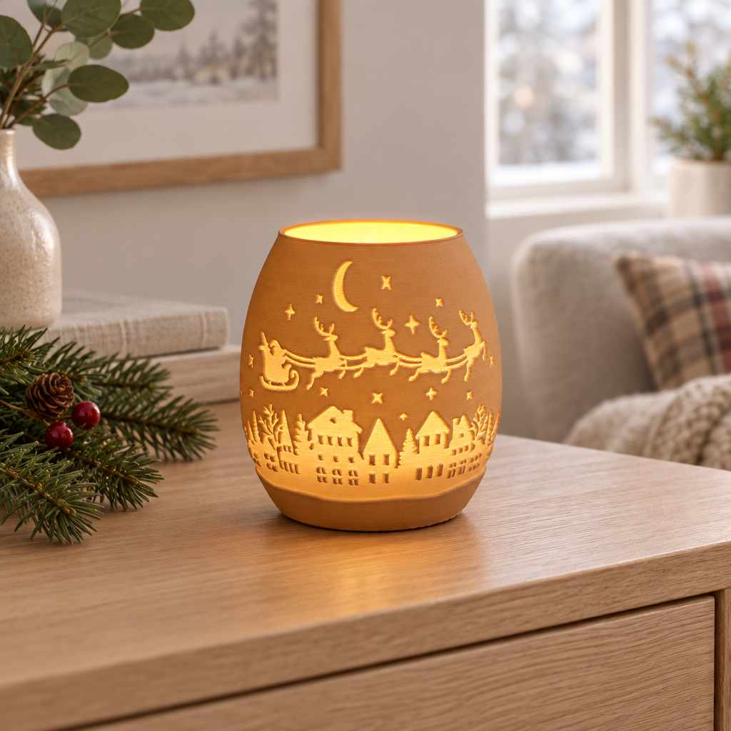 Amber Santa sleigh Christmas tealight holder on a light oak sideboard in a modern living room