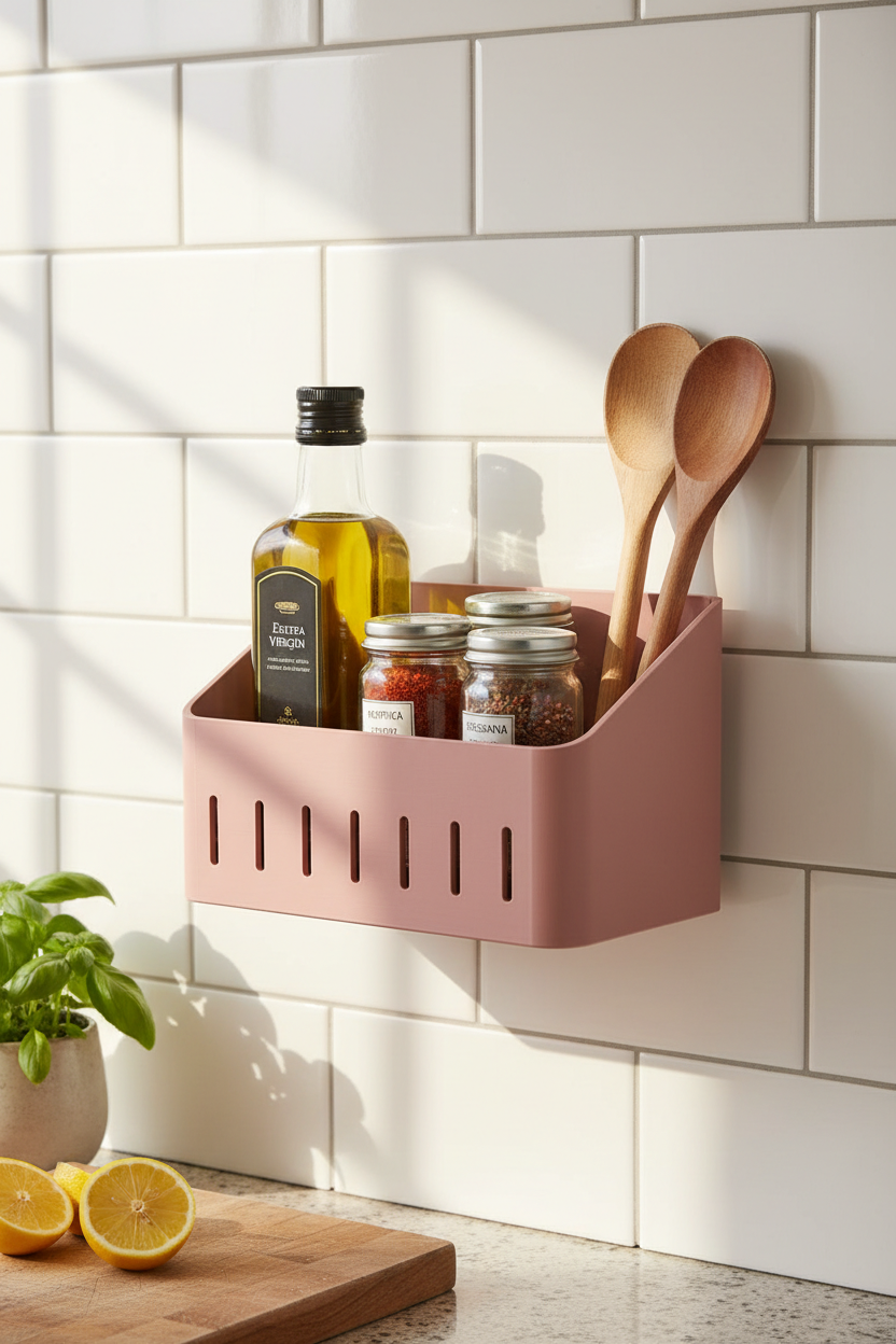 Dusty pink Hydro Holder wall-mounted organizer on kitchen tiles with oils and spices