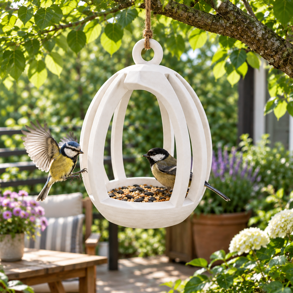 Ribbed feeder on a leafy terrace