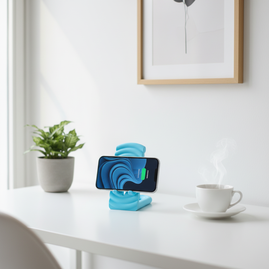 Blue ripple MagSafe stand on white desk - lifestyle