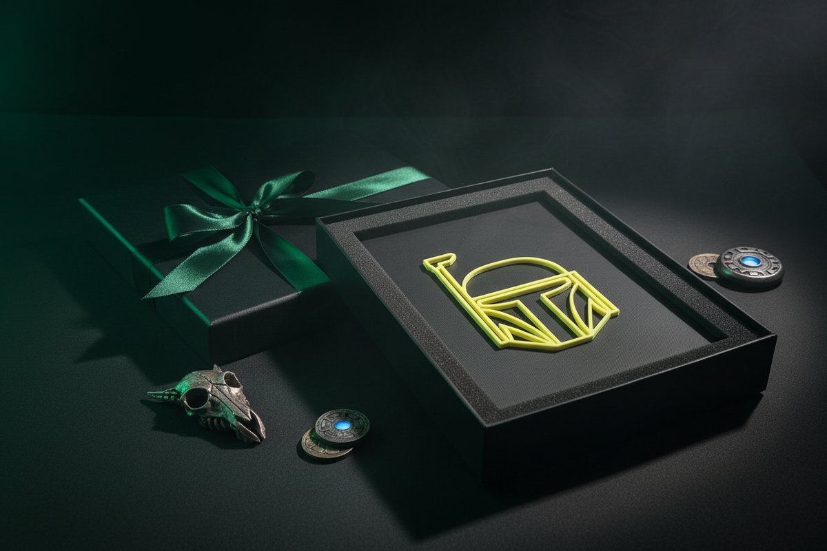 Boba Fett Neon Line Art shadow box presented as a gift in a sleek black box with green ribbon
