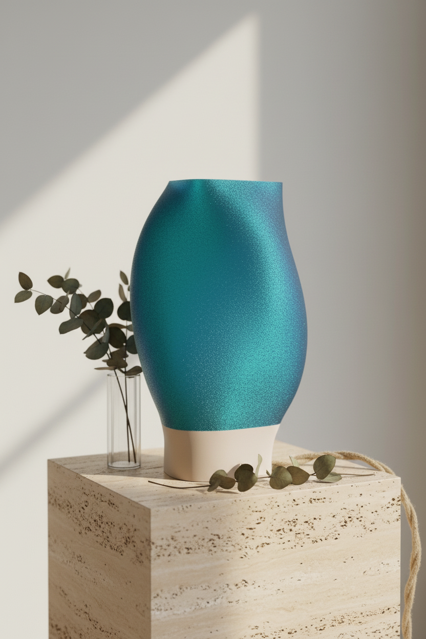 Flow Organica lamp on travertine plinth with dried eucalyptus and glass vase
