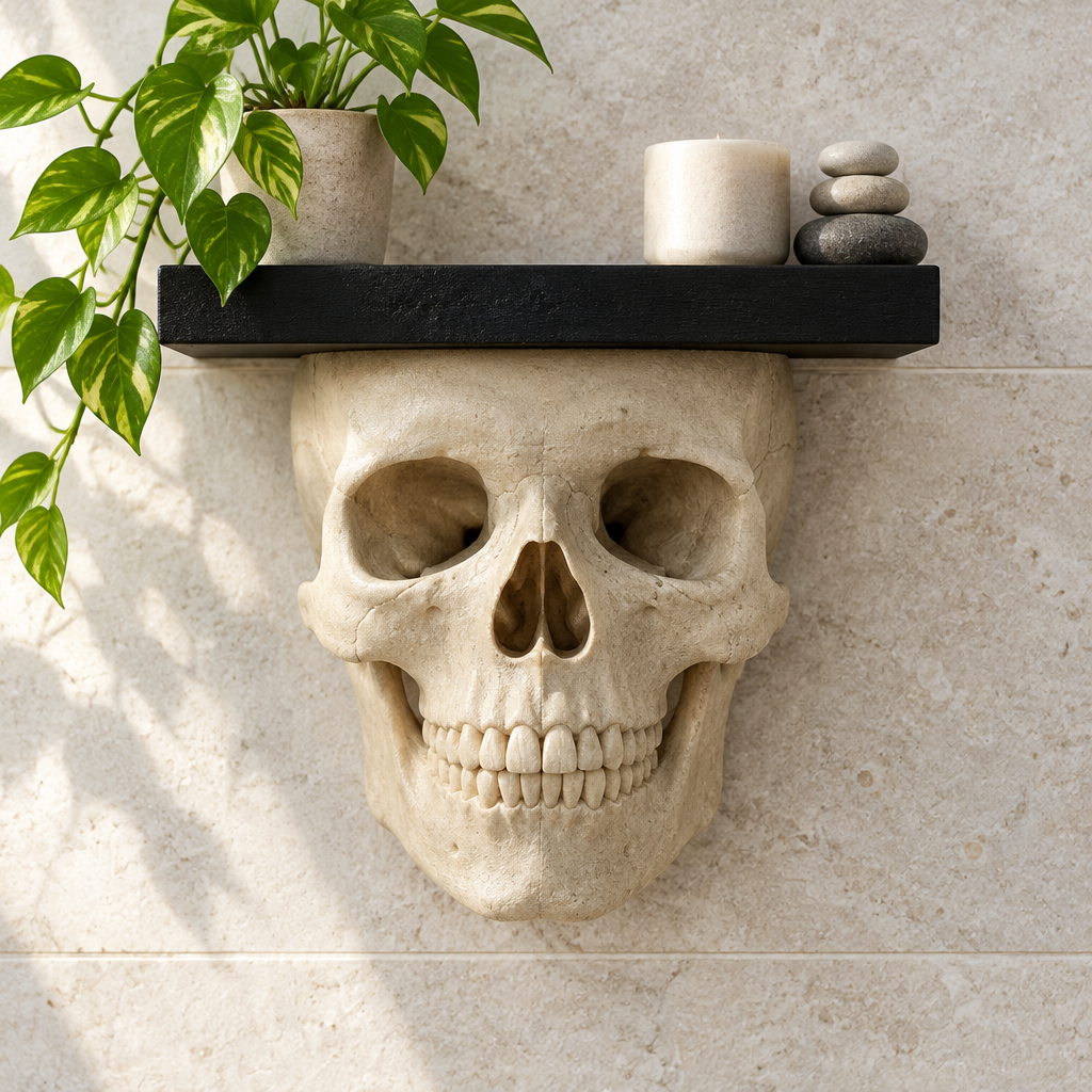Front-facing Skull Shelf styled on a pale stone study wall