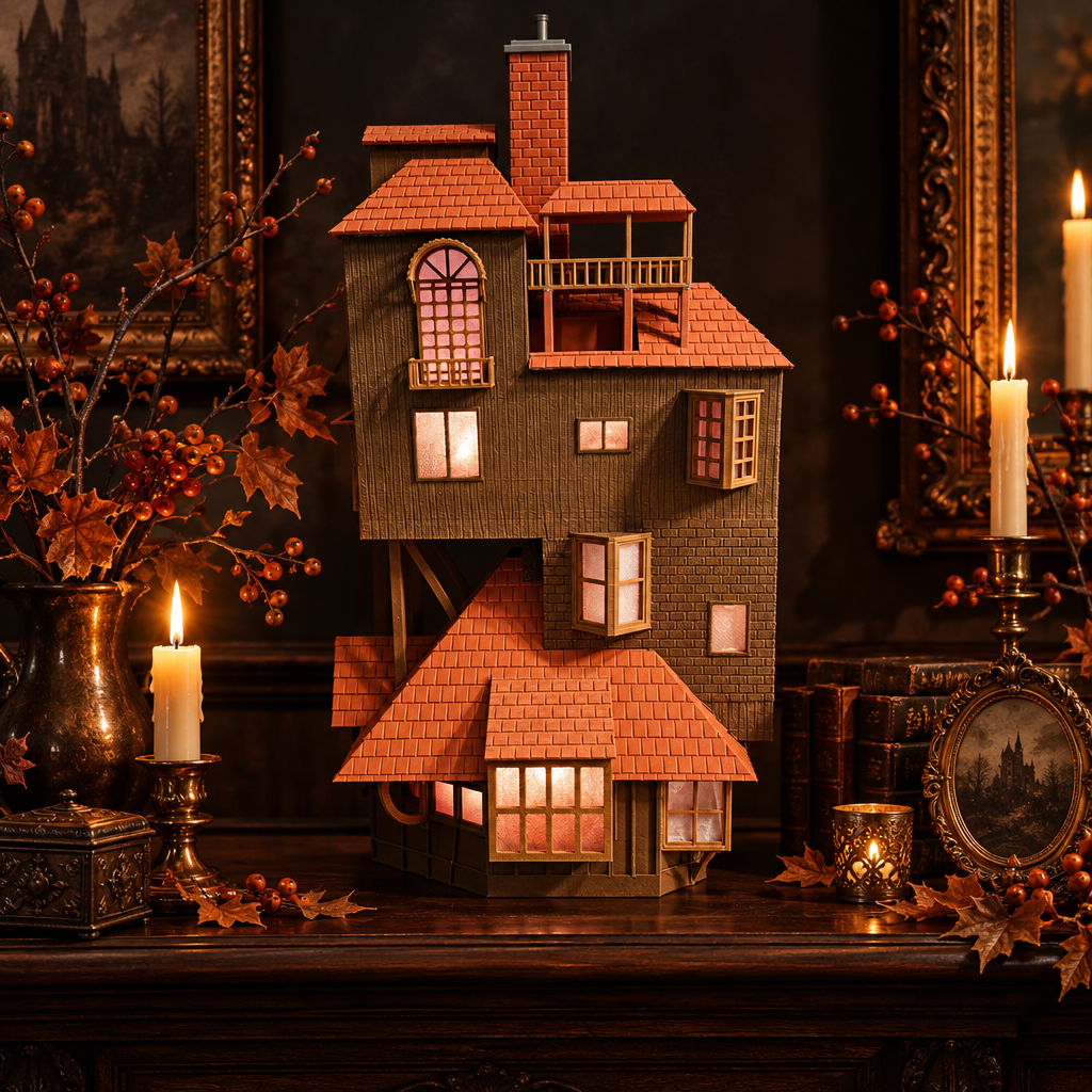 Horror House display model on an autumn mantel