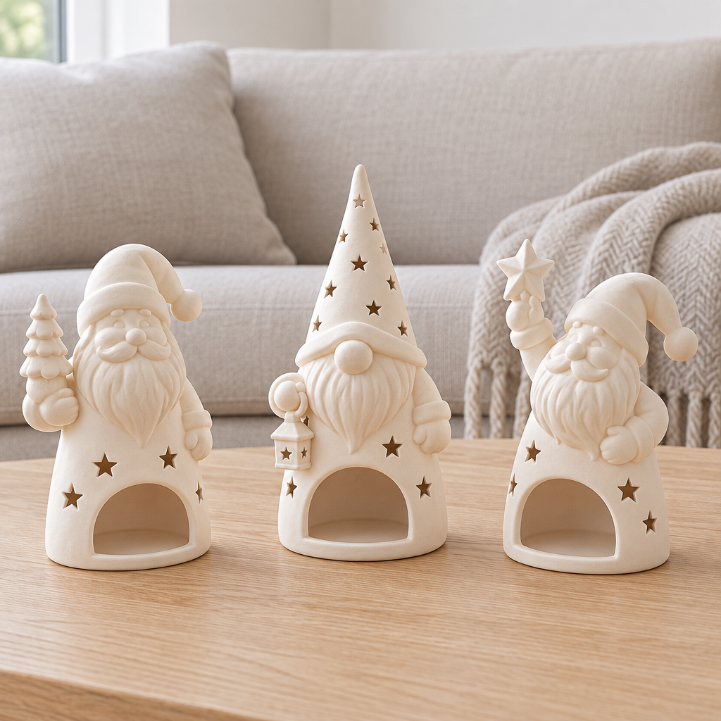The trio of white Santa tealight holders displayed unlit on a pale oak coffee table.