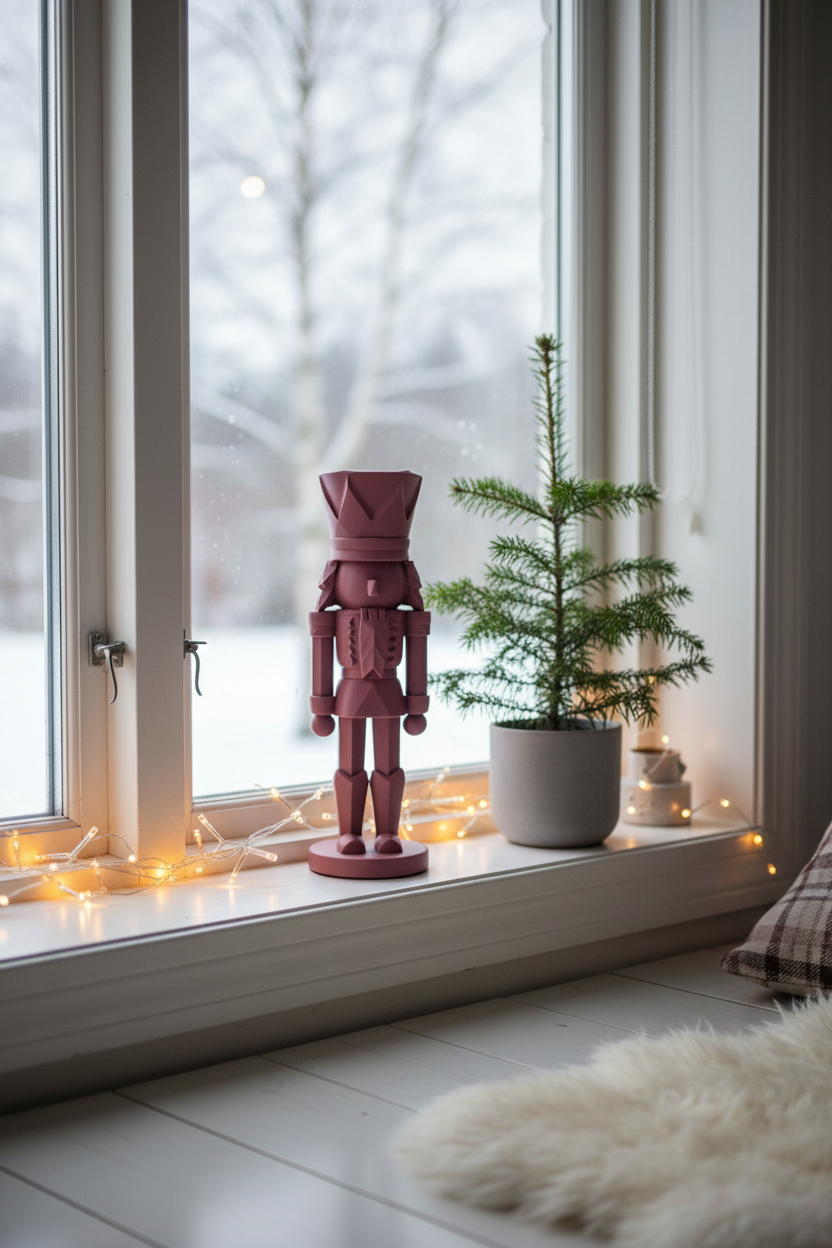 Dusty rose nutcracker on windowsill with fairy lights and snowy exterior lifestyle