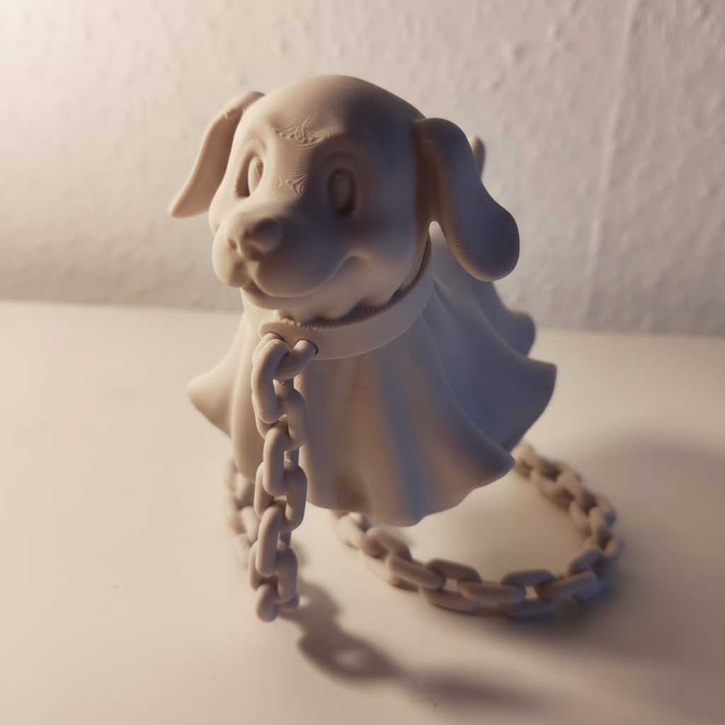Ghost dog miniature figurine unpainted resin extreme close up macro sad puppy face floppy ears floating ghost body heavy chain pure studio raking side light sharp detail square editorial