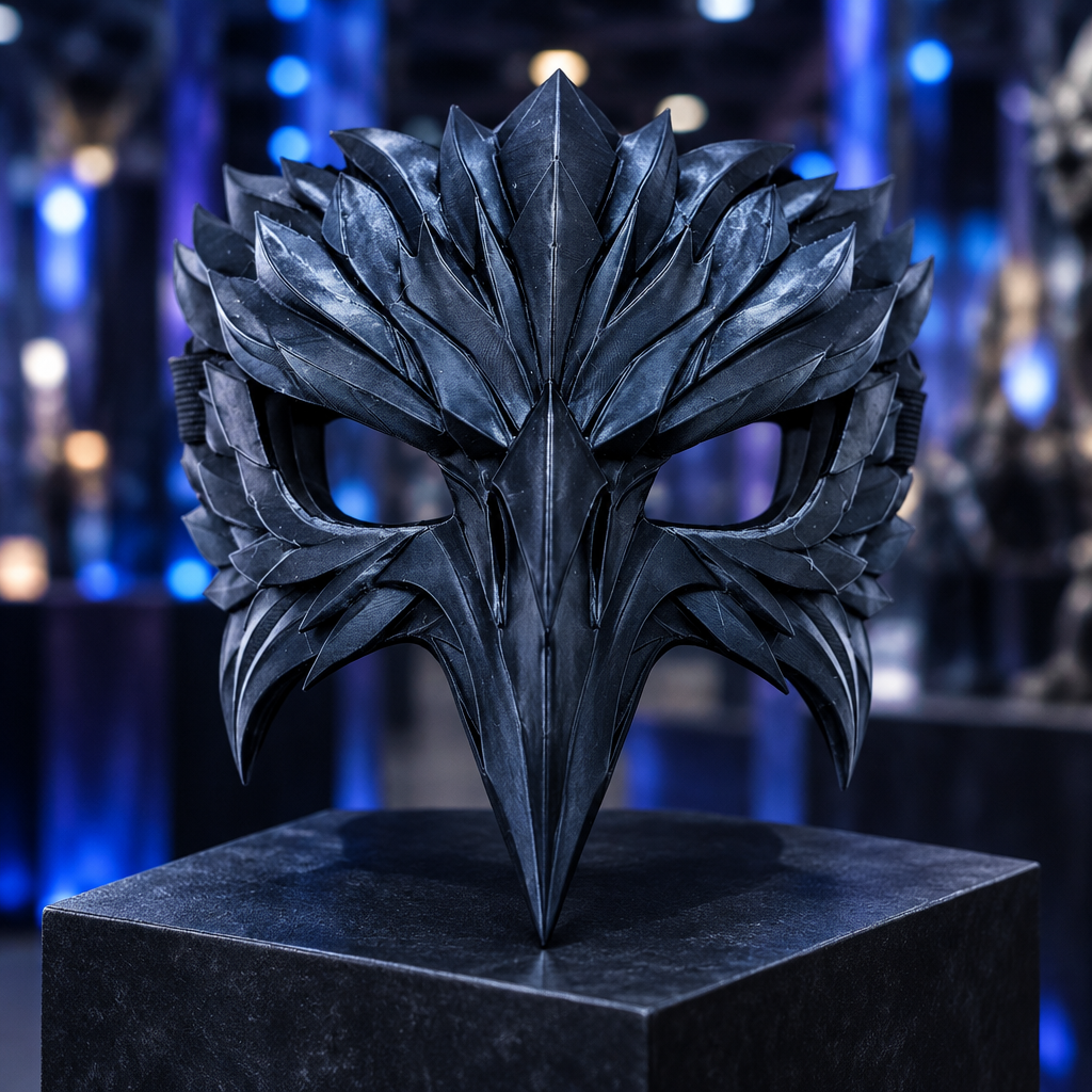Midnight-blue Raven Wraith mask at a fantasy cosplay display, strap not included