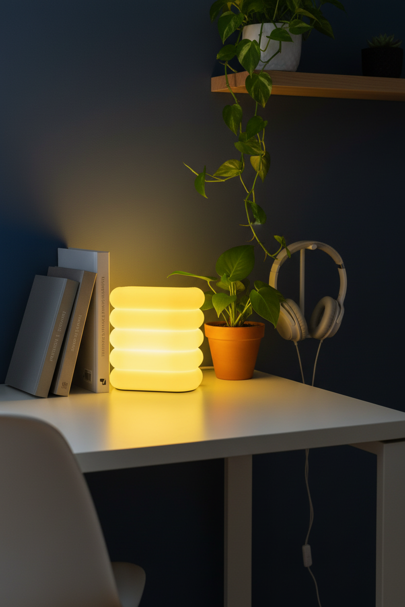Stacked Pipe E27 Lamp in neon yellow glow on modern desk setup