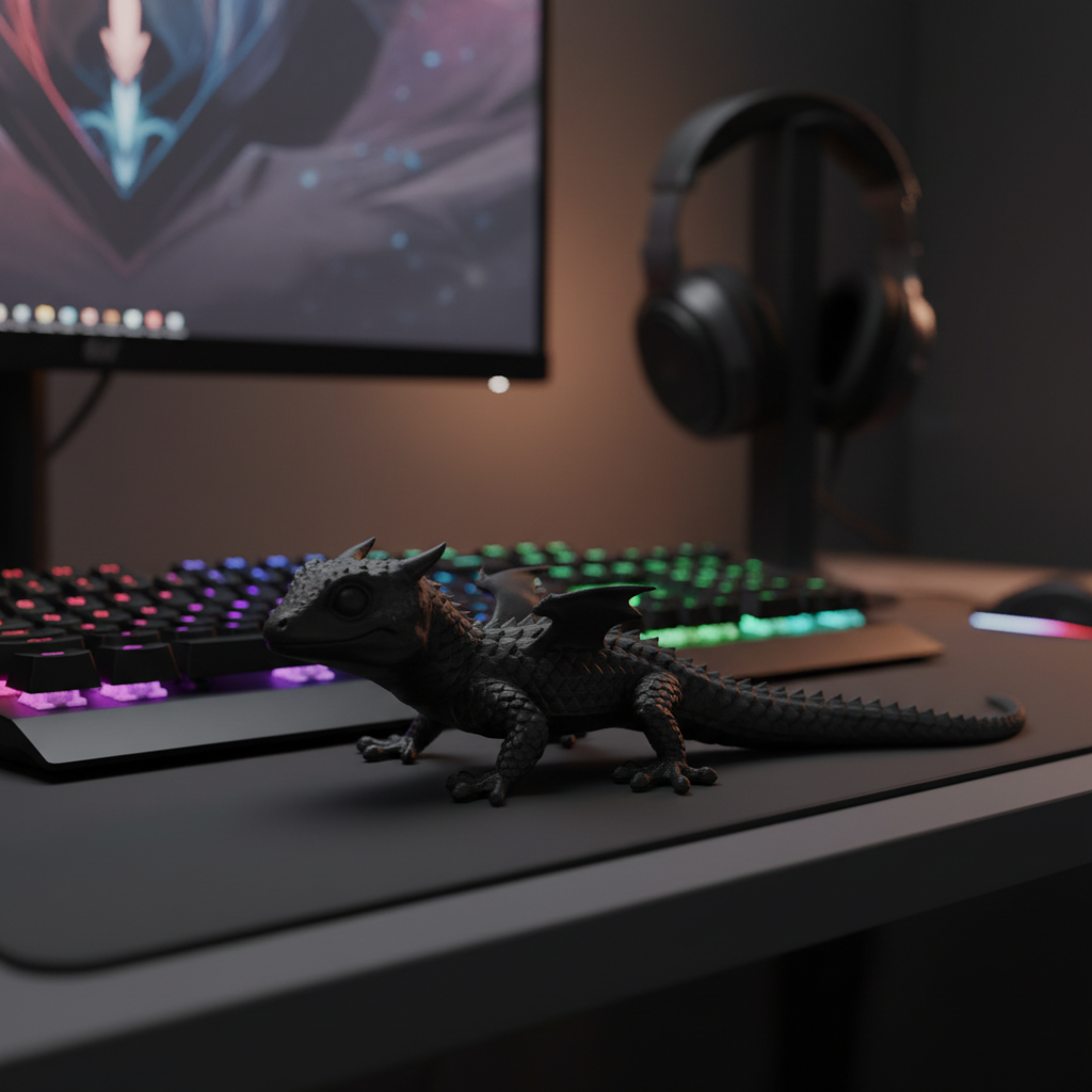 Tiny Legend Gecko-Dragon Figurine - black colourway on gaming desk