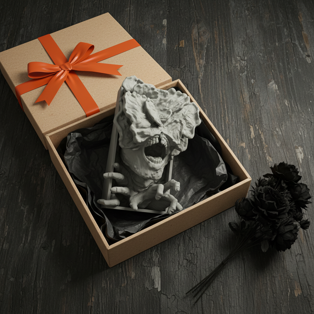 Stranger Things Demogorgon book nook relief sculpture grey framed box kraft paper gift box black tissue paper dried black flowers orange ribbon bow dark wooden surface horror gift giving overhead square editorial