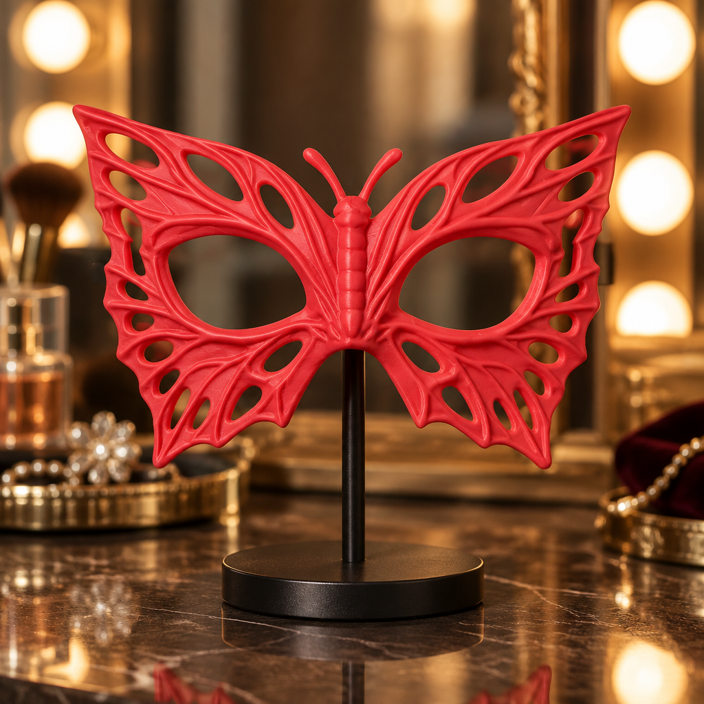 Red Butterfly Mask displayed on a stand on a costume vanity.