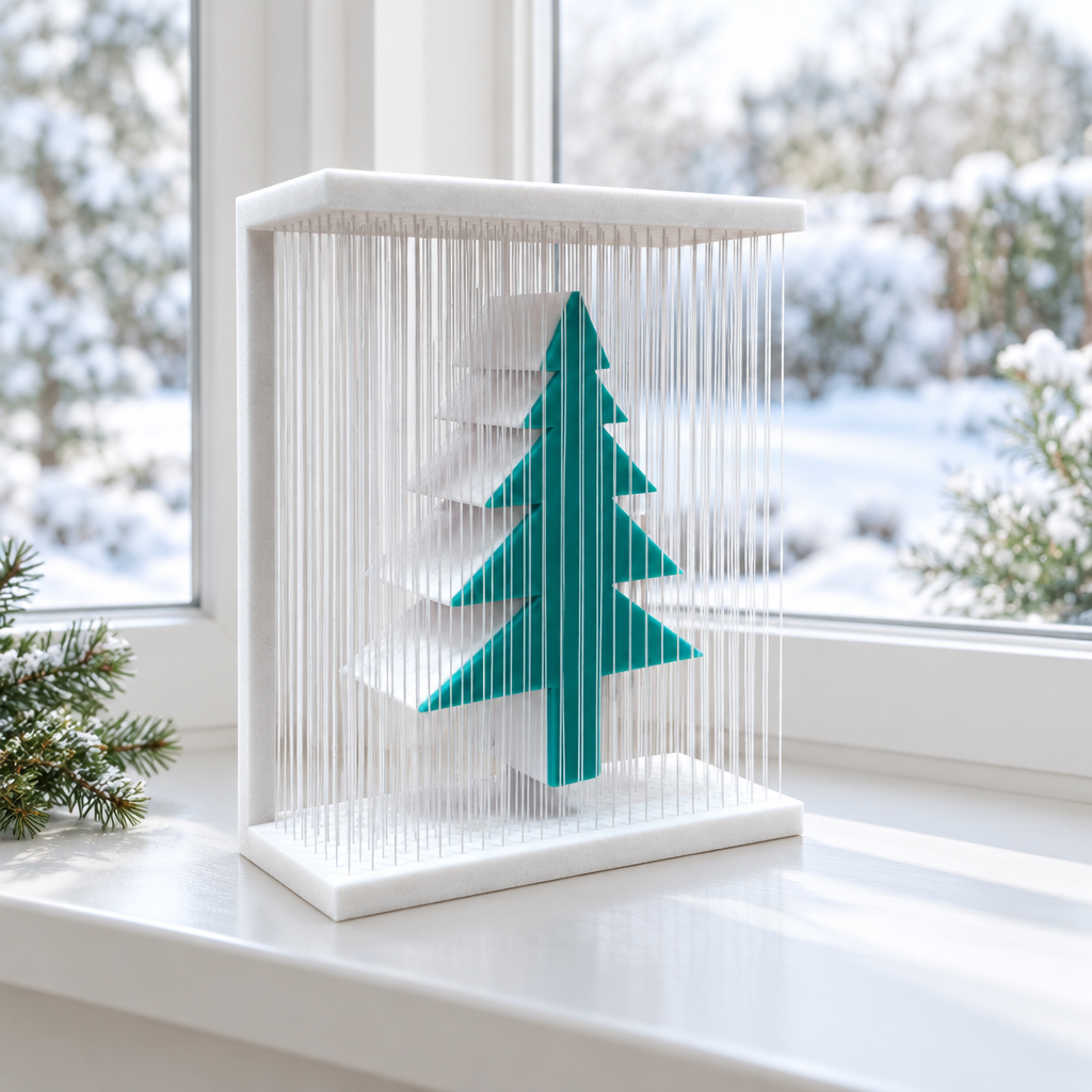 White string-frame Christmas display with teal tree on a bright windowsill overlooking a snowy garden.