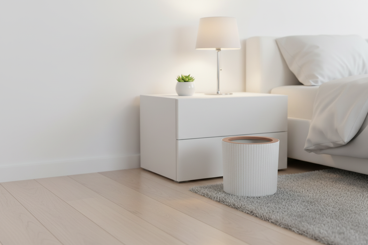Trash Bin Striped in a contemporary bedroom corner next to a bedside table