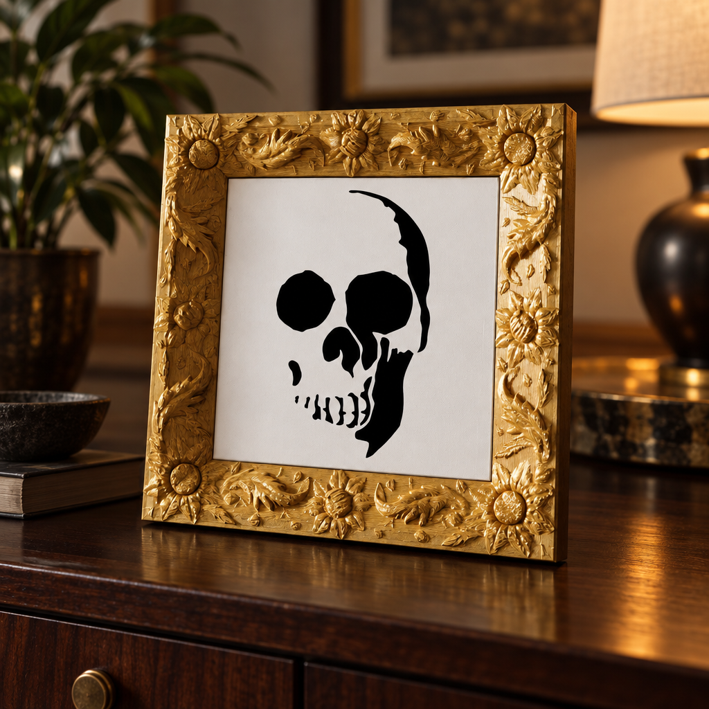Close-up of the ornate gold floral frame and skull artwork