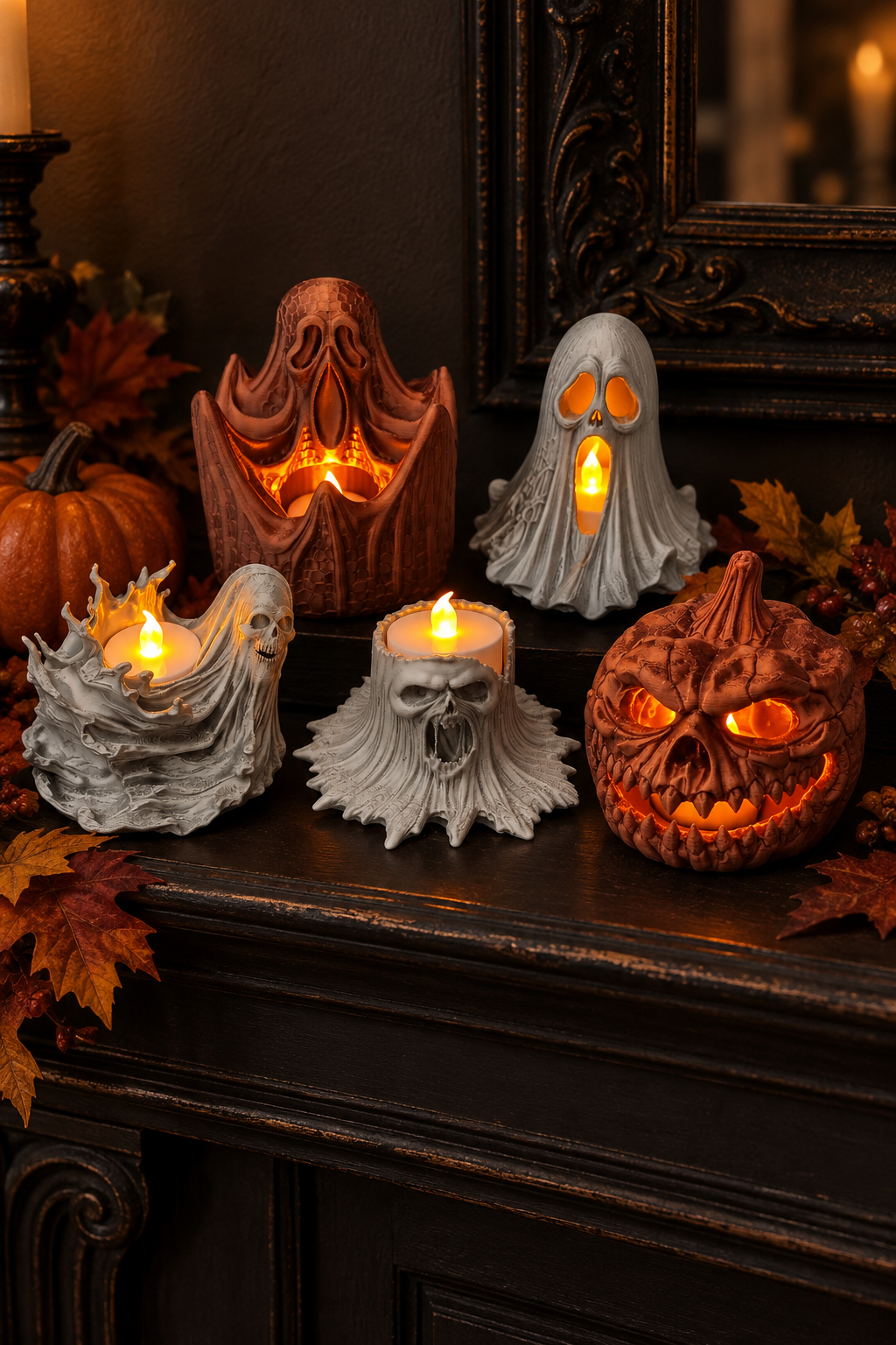 Five-piece horror tealight set on a dark mantel with autumn leaves and a pumpkin