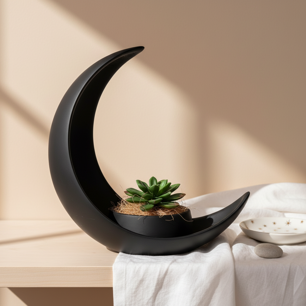 Black crescent moon planter with succulent on a bedroom shelf