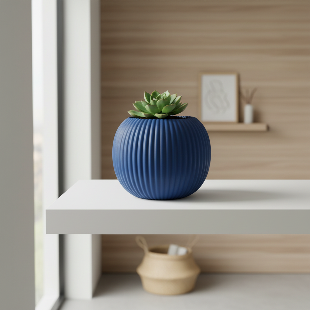 Deep blue Ribbed Harmony Planter with a small succulent on a minimalist Japandi shelf
