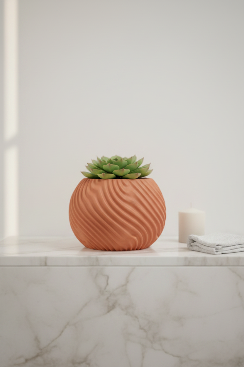 Modern Wave-Pattern Planter terracotta orange matte globe pumpkin-ribbed swirling wave panels compact succulent echeveria pale marble bathroom shelf white candle folded hand towel soft diffuse natural light portrait