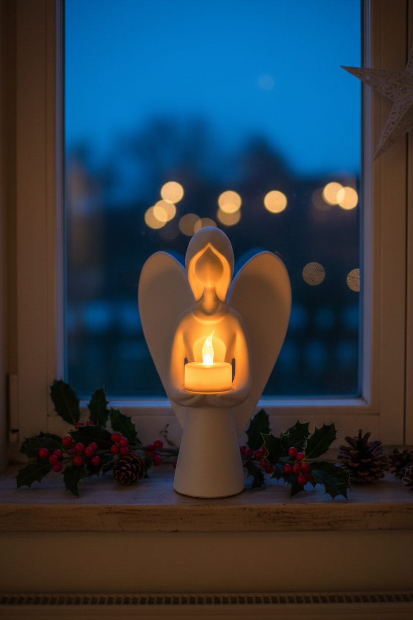 White angel sculpture holding glowing tealight on windowsill at dusk with holly lifestyle