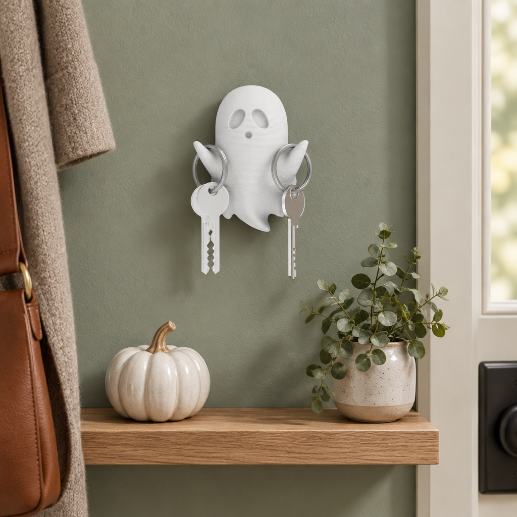 White ghost key holder with keys displayed on a sage-green entryway wall