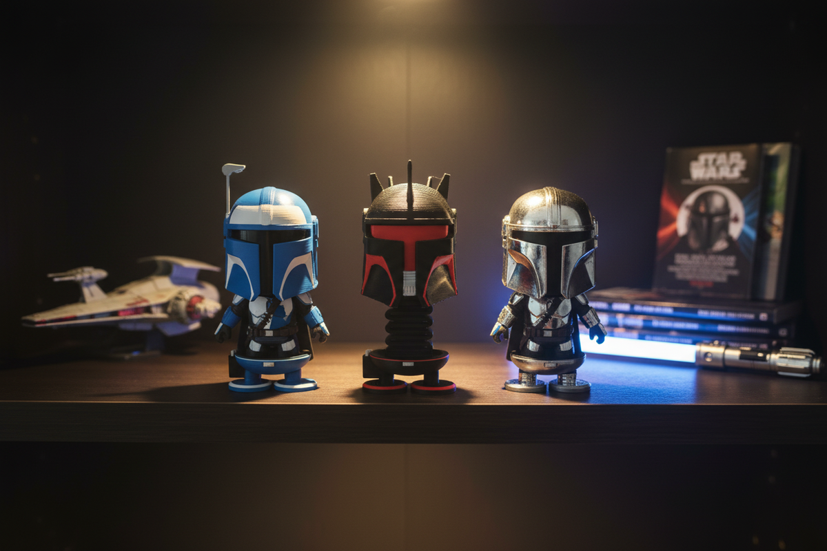 Star Wars Mandalorian Springie collection including Moff Gideon in black and red, Bo-Katan in blue and white, and silver Mandalorian on a dark shelf