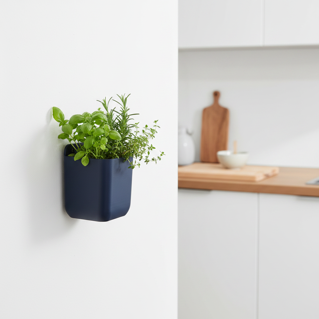 Navy blue wall planter with fresh herbs on kitchen wall with white cabinets