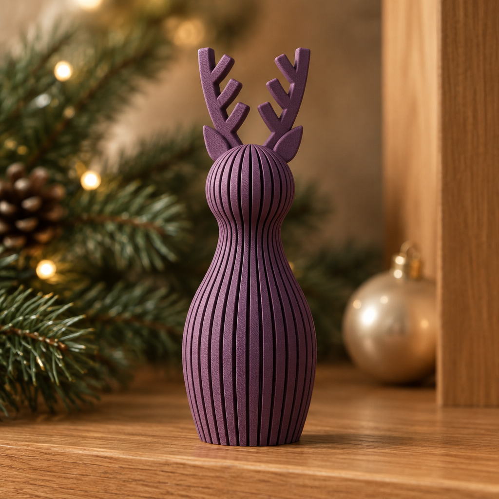 A single purple ribbed Christmas reindeer ornament on a warm wooden bookcase with soft festive greenery