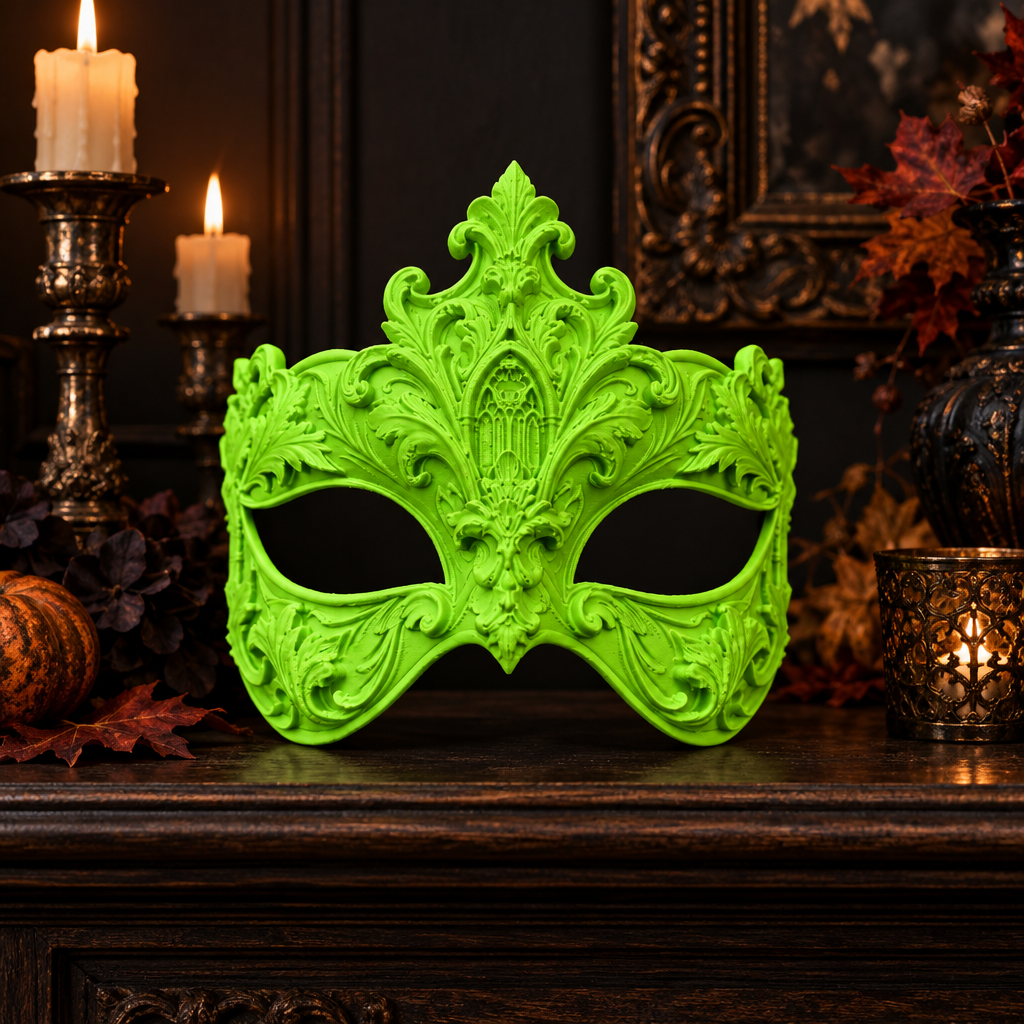 Neon green ornate masquerade mask in a Halloween display, no strap included