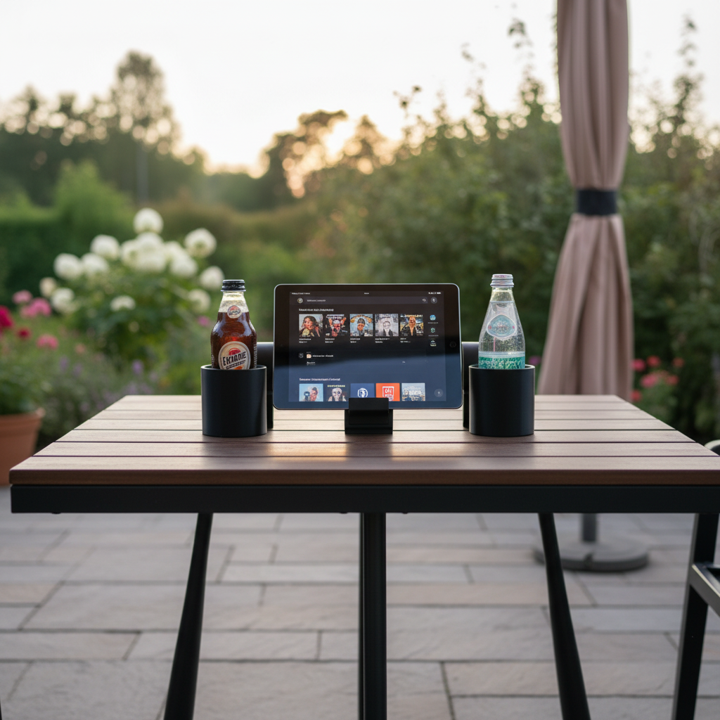 Black modular hot tub caddy mobile device holder used as standalone tablet stand on garden table