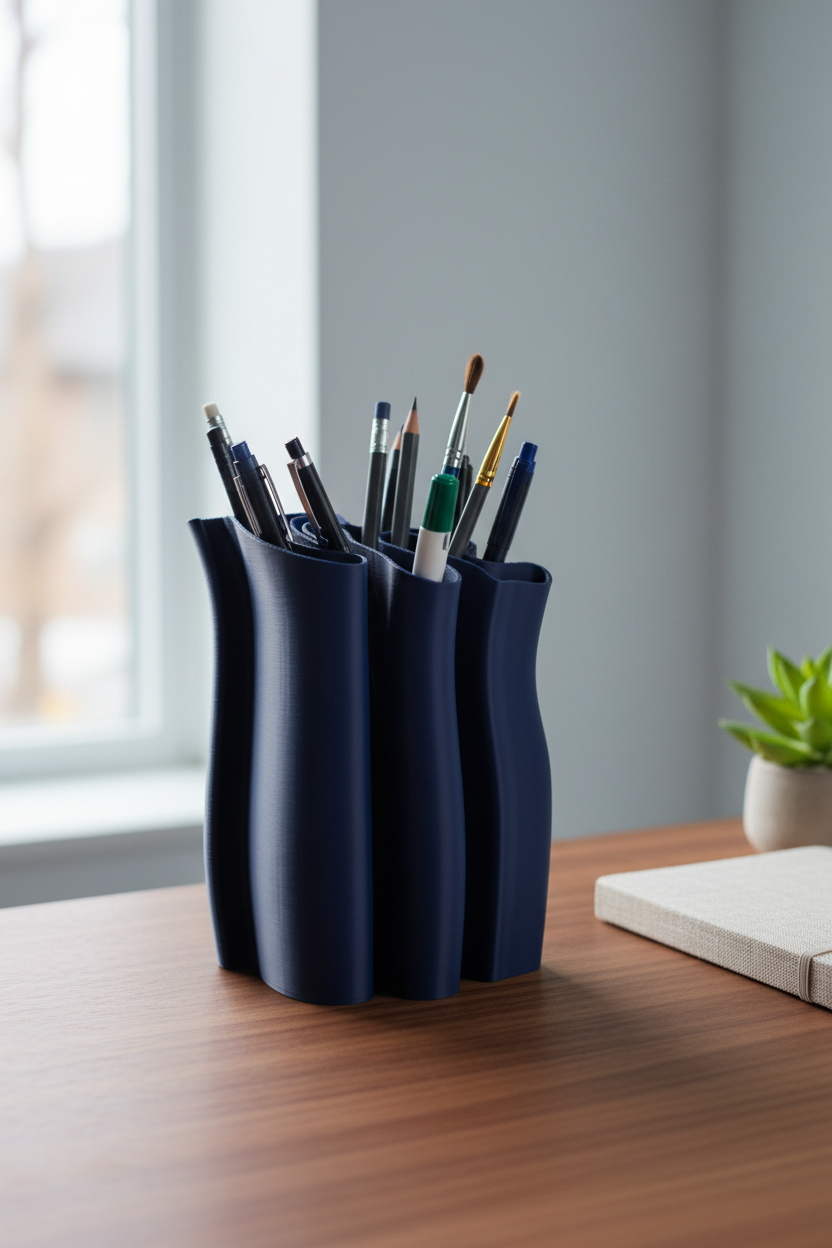 Fabric Ripple Desktop Organizer deep navy blue matte undulating fabric-fold tube ripple rim holding pens pencils fine brushes warm walnut desk minimal contemporary home office linen notebook small succulent soft morning window light portrait